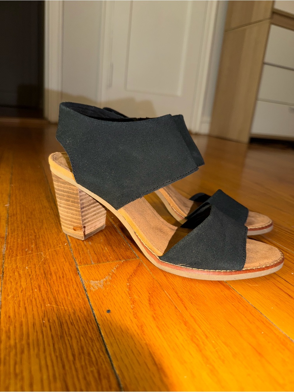 Toms Black Suede Stacked Block Heel Sandals - Women
